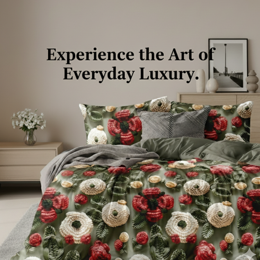 Misnaya 7D Knitted Flower Design Glace Cotton King Bedsheet (Green Red Blossom, 108×108 Inches) with 2 Matching Pillow Covers