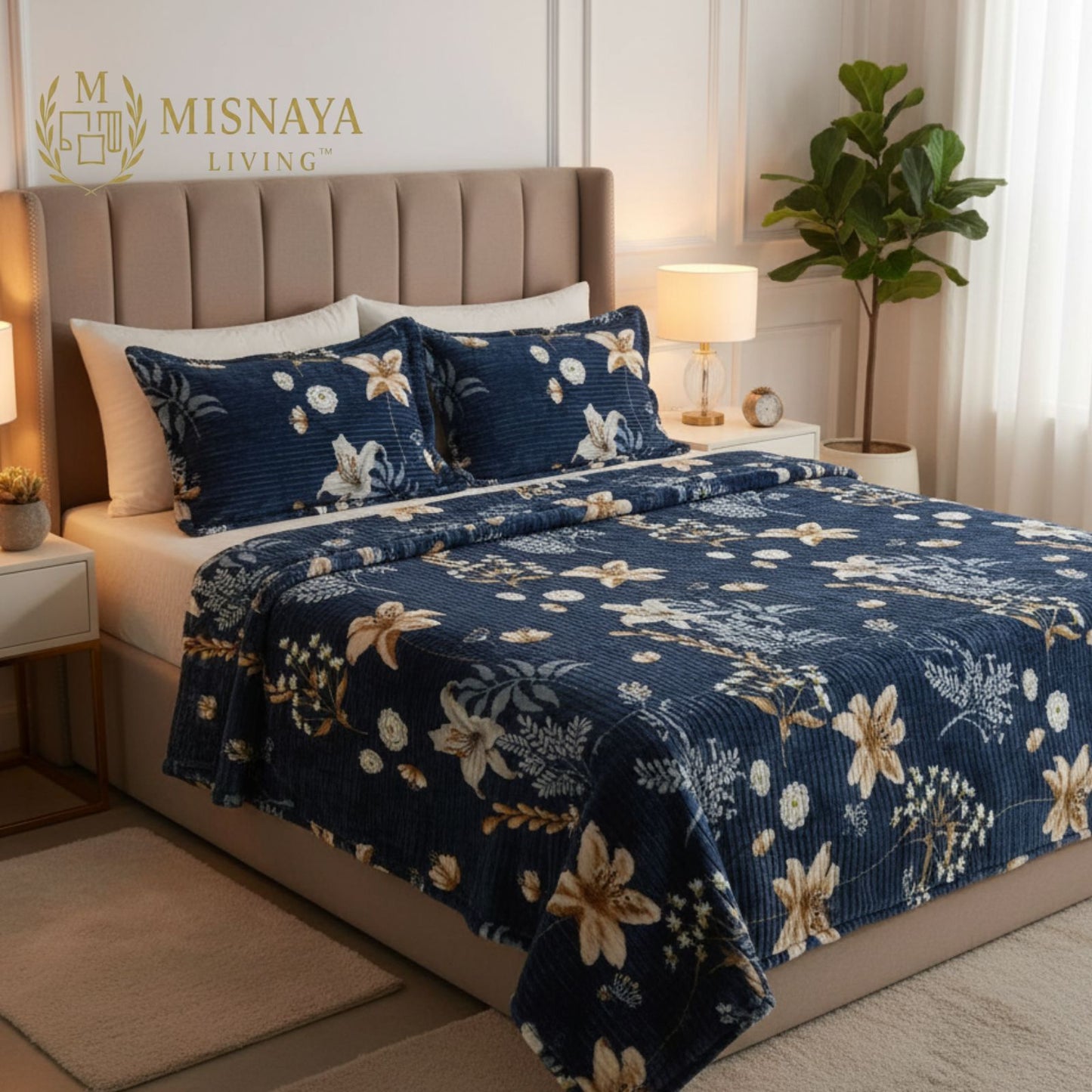 Misnaya Premium Warm Flanno 3-Piece Double Bedsheet Set | Midnight Blossom Flanno Flat Bedsheet with 2 Pillow Covers | 90x100 Inches
