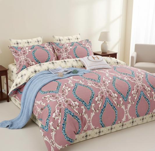 Misnaya Glace Cotton Super Soft Queen, Double Size Bedsheet | Royal Damask Print | 2 Pillow Covers Included