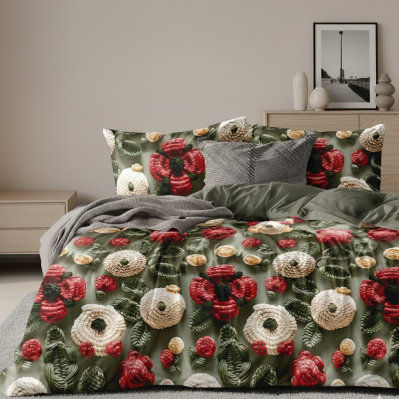 Misnaya 7D Knitted Flower Design Glace Cotton King Bedsheet (Green Red Blossom, 108×108 Inches) with 2 Matching Pillow Covers