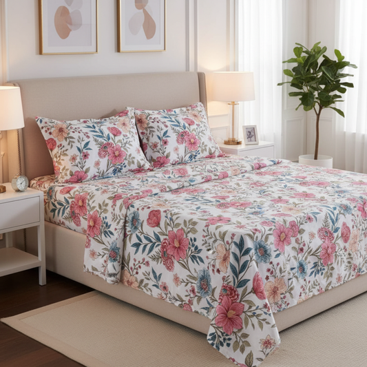 MISNAYA Rosé Garden – Premium King Size 108X108 Inches Super Soft  310 TC Twill Cotton Bedsheet with 2 Matching Pillow Covers