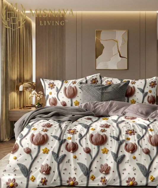 Misnaya Rustic Blossom Royale 7D Glace Cotton King Bedsheet 108×108 Inches with 2 Matching Pillow Covers