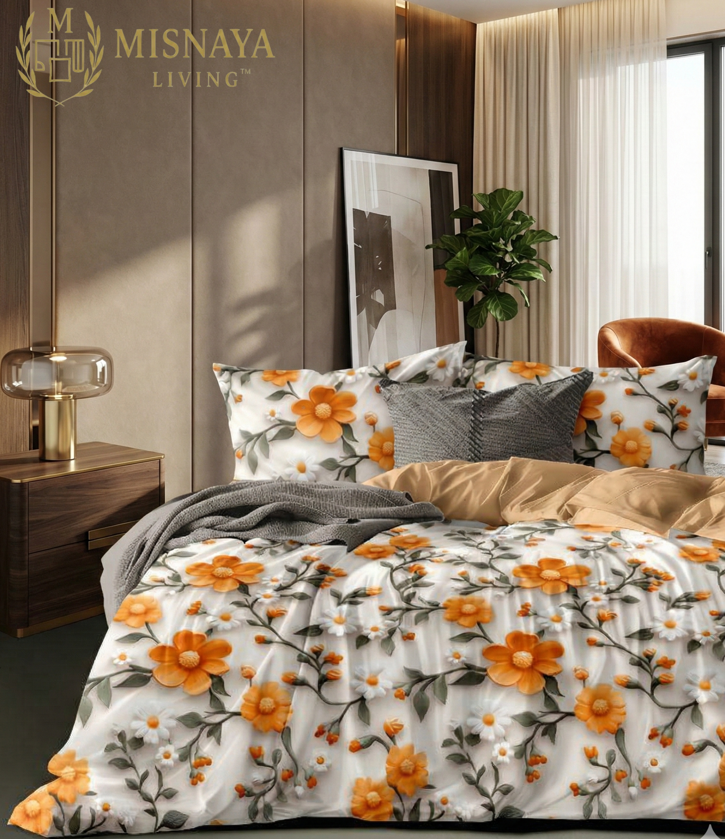 Misnaya Marigold Dreams 7D King Bedsheet 108×108 Inches with 2 Matching Pillow Covers
