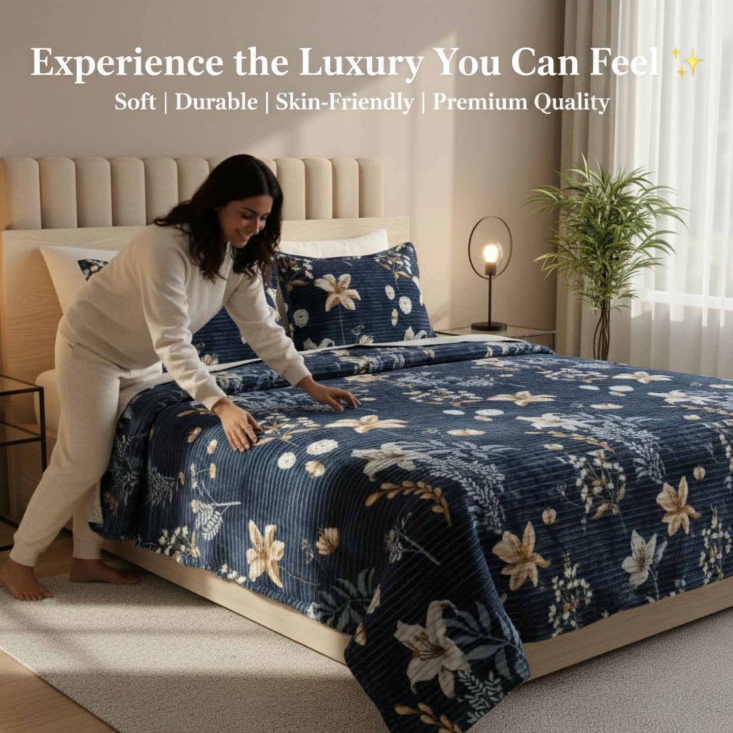 Misnaya Premium Warm Flanno 3-Piece Double Bedsheet Set | Midnight Blossom Flanno Flat Bedsheet with 2 Pillow Covers | 90x100 Inches