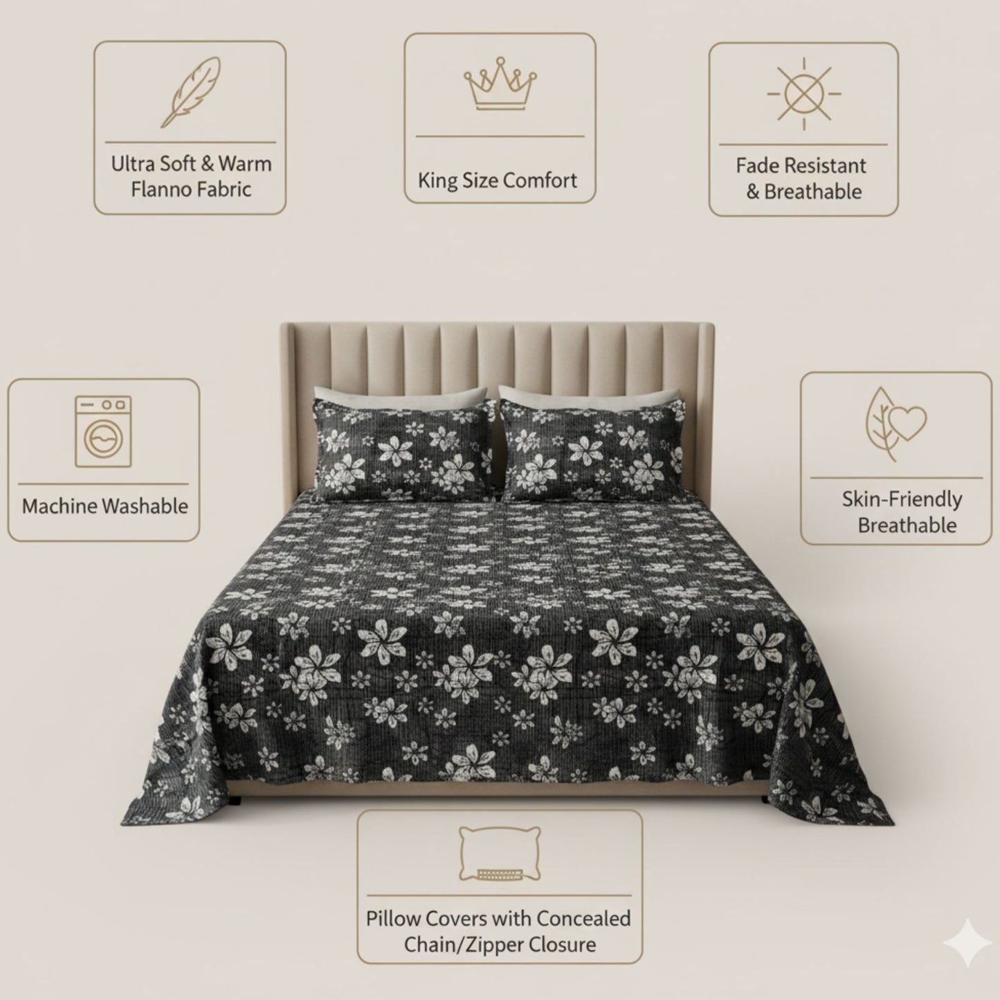 Misnaya Premium Warm Flanno 3-Piece Double Bedsheet Set | Shadow Blossom Flanno Warm Flat Bedsheet with 2 Pillow Covers | 90x100 Inches