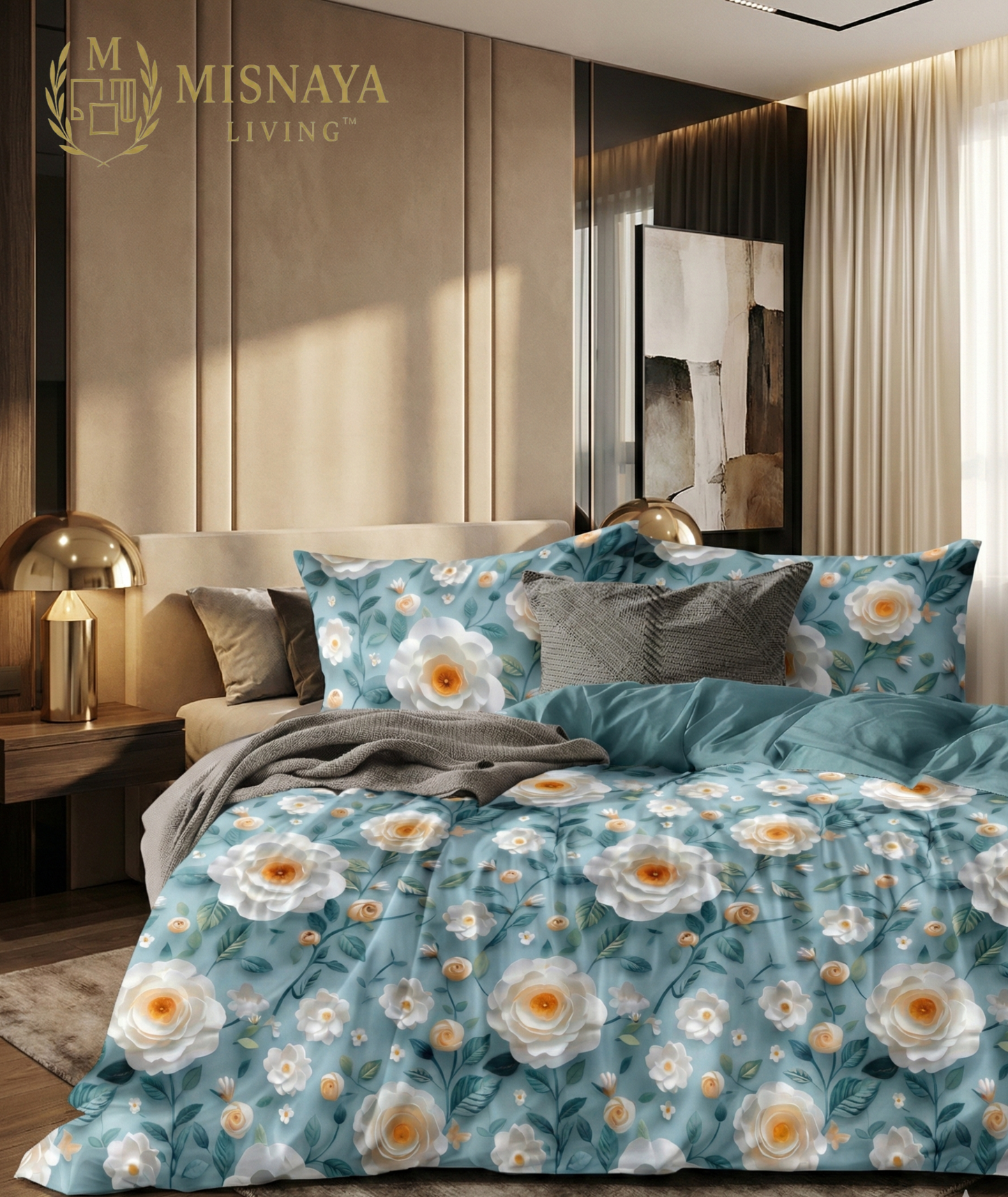 Misnaya Royal Aqua Rose Garden – 7D Glace Cotton King Bedsheet 108×108 Inches with 2 Matching Pillow Covers