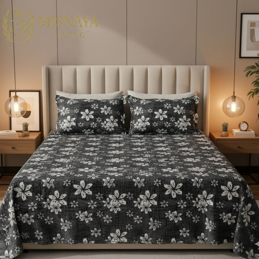 Misnaya Premium Warm Flanno 3-Piece Double Bedsheet Set | Shadow Blossom Flanno Warm Flat Bedsheet with 2 Pillow Covers | 90x100 Inches