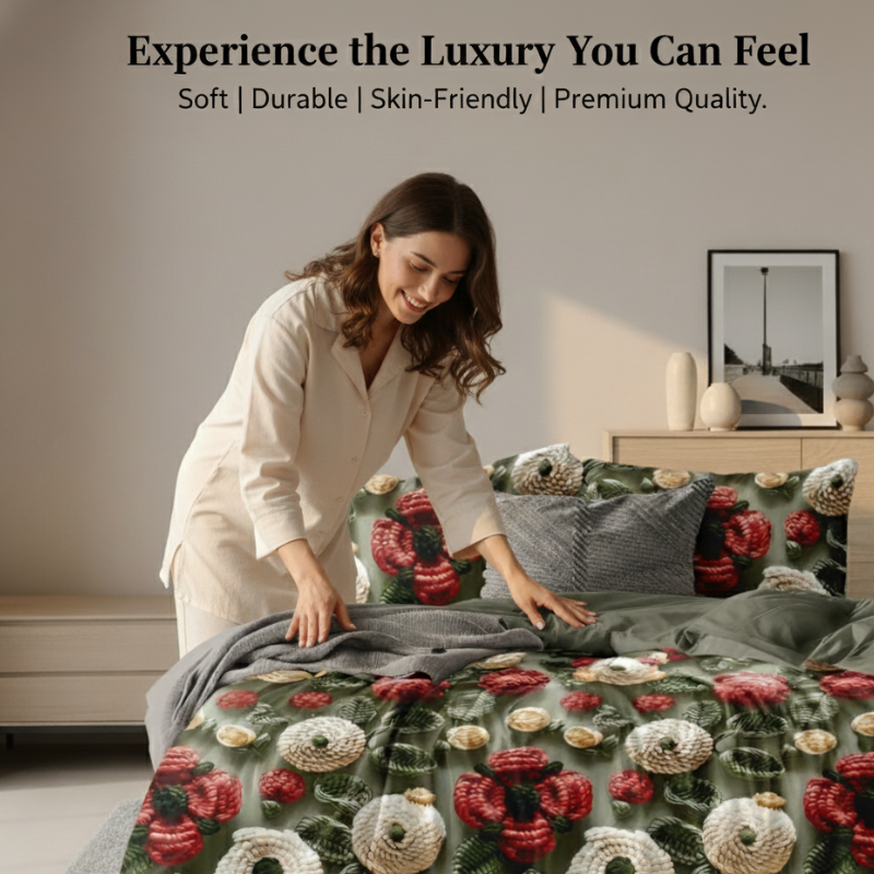 Misnaya 7D Knitted Flower Design Glace Cotton King Bedsheet (Green Red Blossom, 108×108 Inches) with 2 Matching Pillow Covers