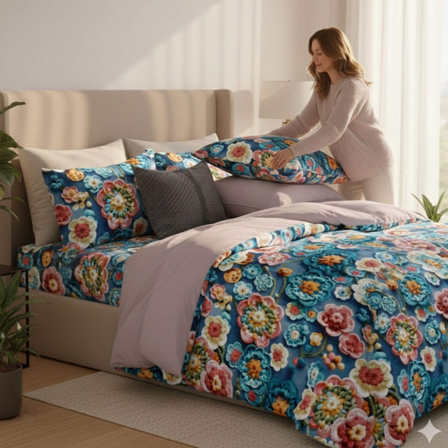 Misnaya Premium Glace Cotton 7D Floral Fresh Bloom Paradise Bedsheet Set – Ultra Soft, Fade Resistant, 108×108 Inches with 2 Pillow Covers