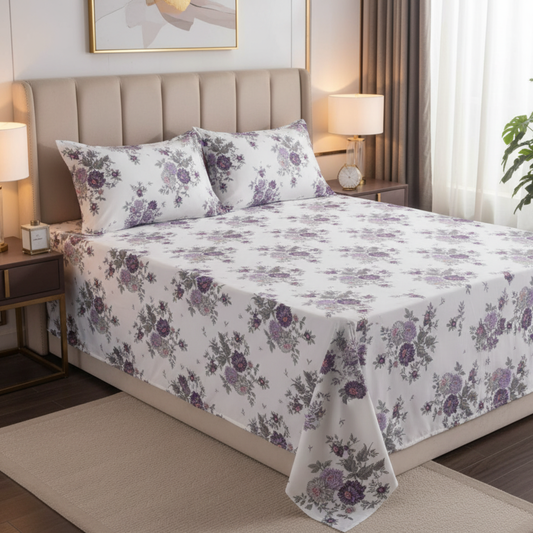 MISNAYA Lavender Grace – Premium King Size 108X108 Inches Super Soft 310 TC Twill Cotton Bedsheet with 2 Matching Pillow Covers