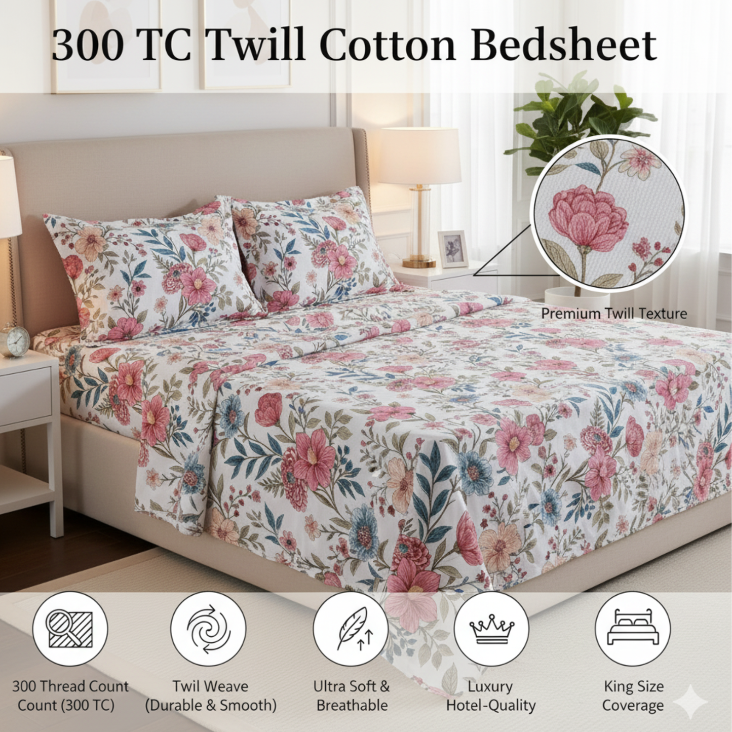 MISNAYA Rosé Garden – Premium King Size 108X108 Inches Super Soft  310 TC Twill Cotton Bedsheet with 2 Matching Pillow Covers