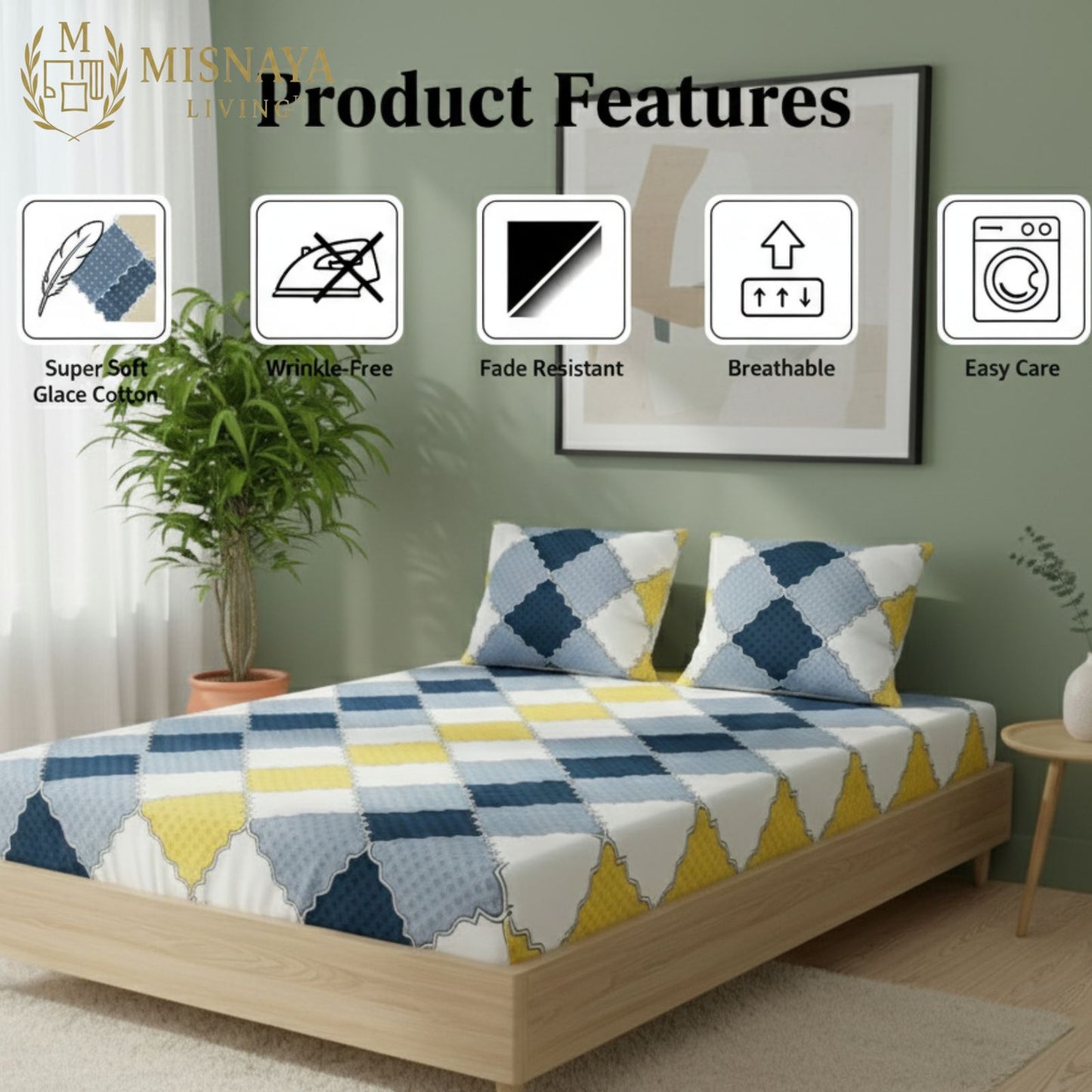 Misnaya Glace Cotton 140 GSM Double Bed Fitted Bedsheet with 360° Elastic | Soft & Breathable Fabric | Includes 2 Pillow Covers | Modern Geometric Design