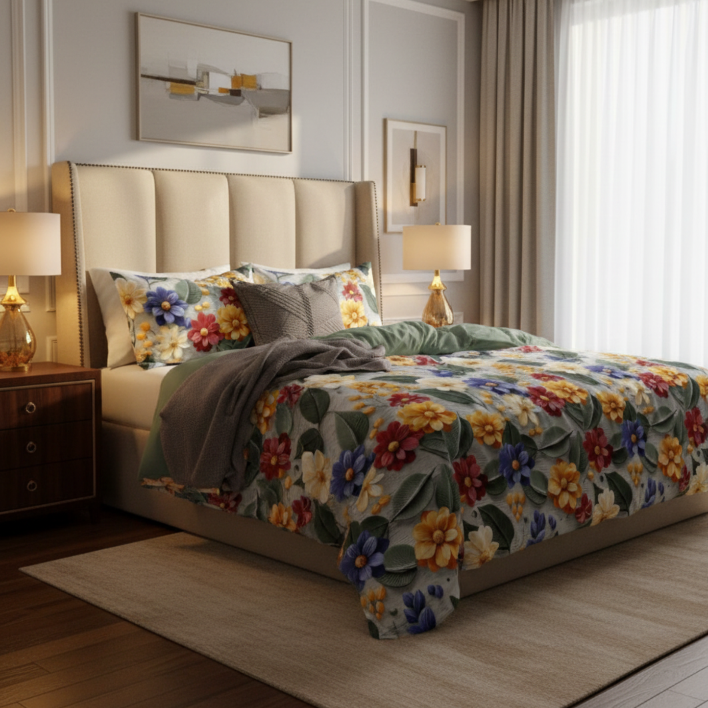 Misnaya Premium Glace Cotton 7D Floral Spring Garden Blossom King Size Bedsheet 108×108 Inch with 2 Matching Pillow Covers