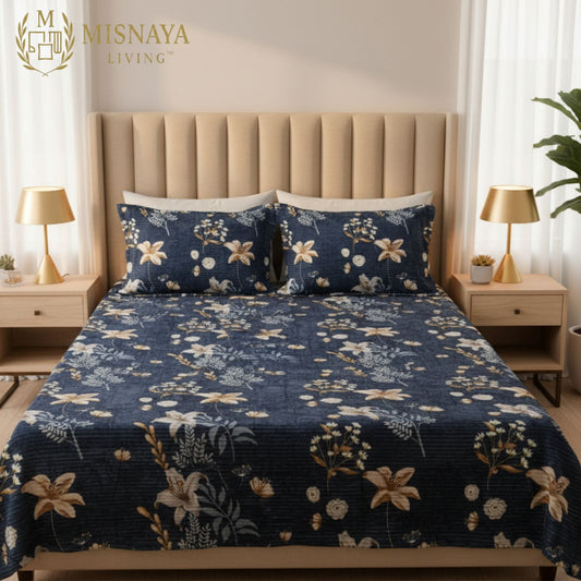 Misnaya Premium Warm Flanno 3-Piece Double Bedsheet Set | Midnight Blossom Flanno Flat Bedsheet with 2 Pillow Covers | 90x100 Inches