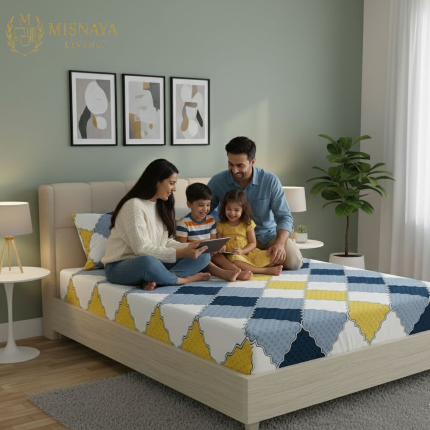 Misnaya Glace Cotton 140 GSM Double Bed Fitted Bedsheet with 360° Elastic | Soft & Breathable Fabric | Includes 2 Pillow Covers | Modern Geometric Design