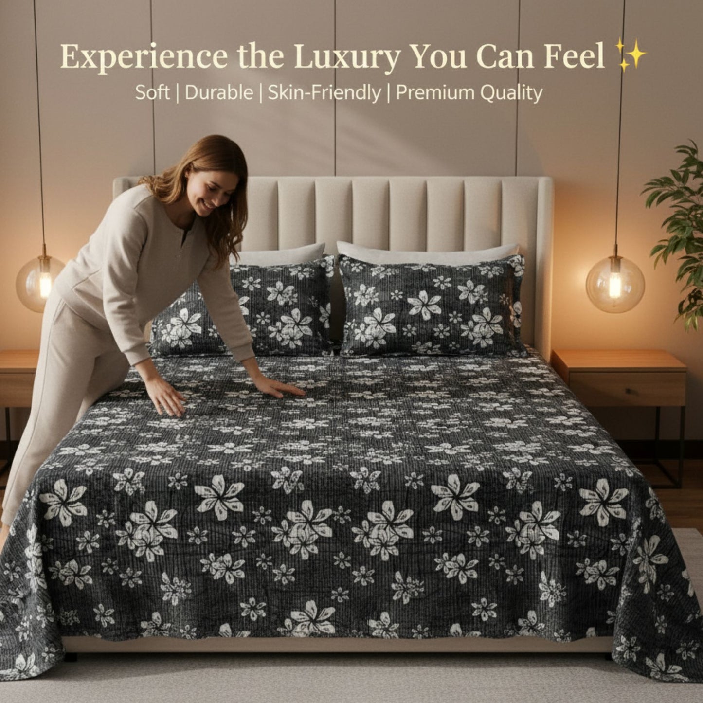 Misnaya Premium Warm Flanno 3-Piece Double Bedsheet Set | Shadow Blossom Flanno Warm Flat Bedsheet with 2 Pillow Covers | 90x100 Inches