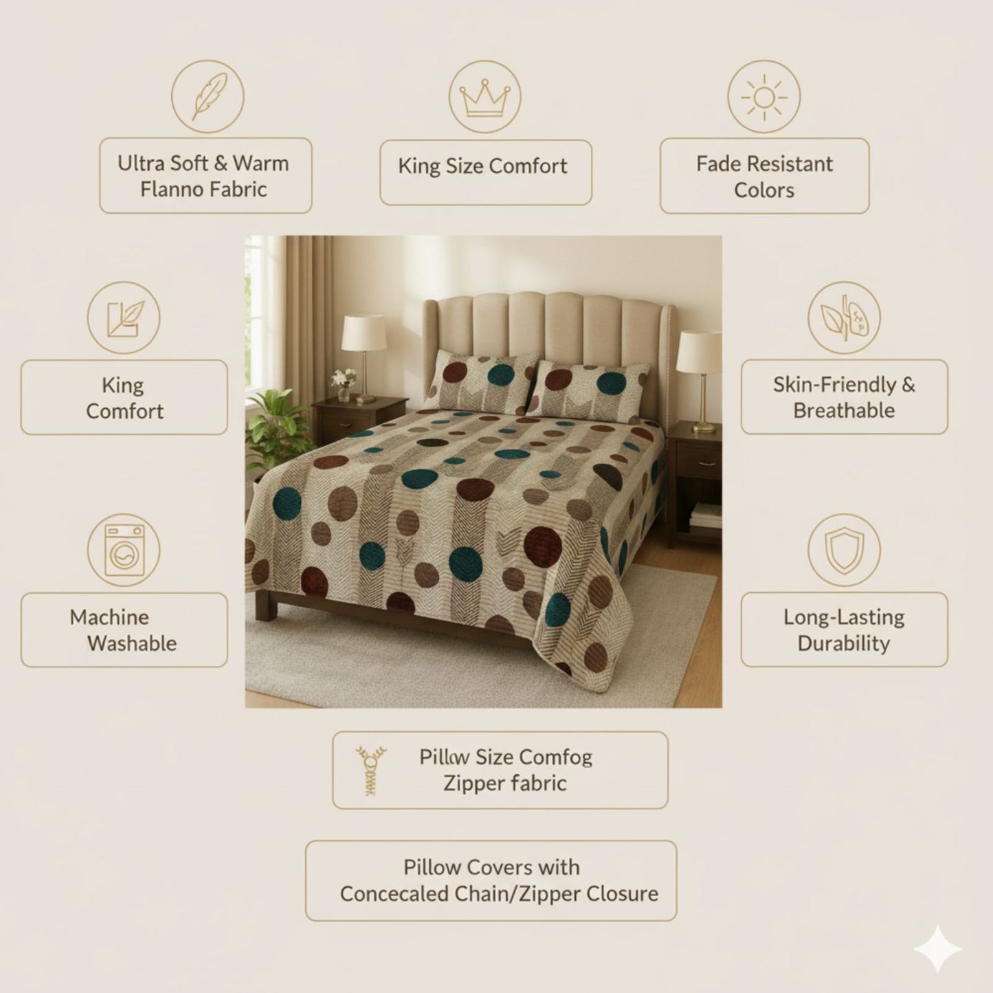 Misnaya Premium Warm Flanno 3-Piece Double Bedsheet Set | Warm Flannel Multi Dot Design Flat Bedsheet with 2 Pillow Covers | 90x100 Inches