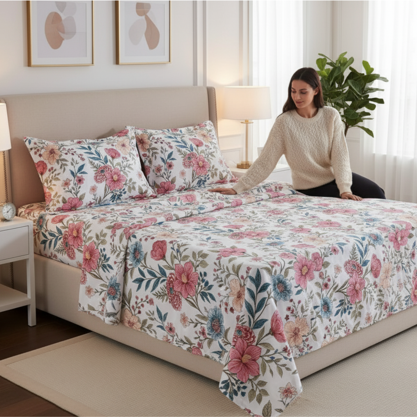 MISNAYA Rosé Garden – Premium King Size 108X108 Inches Super Soft  310 TC Twill Cotton Bedsheet with 2 Matching Pillow Covers