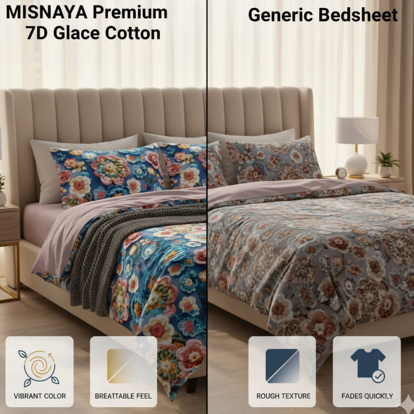 Misnaya Premium Glace Cotton 7D Floral Fresh Bloom Paradise Bedsheet Set – Ultra Soft, Fade Resistant, 108×108 Inches with 2 Pillow Covers