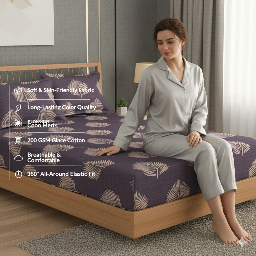 MISNAYA Super Soft Midnight Palm – Charcoal Purple 200 GSM Elastic Fitted Bedsheet for Double Bed (72×78 Inches) | Fits Up to 8-Inch Mattress