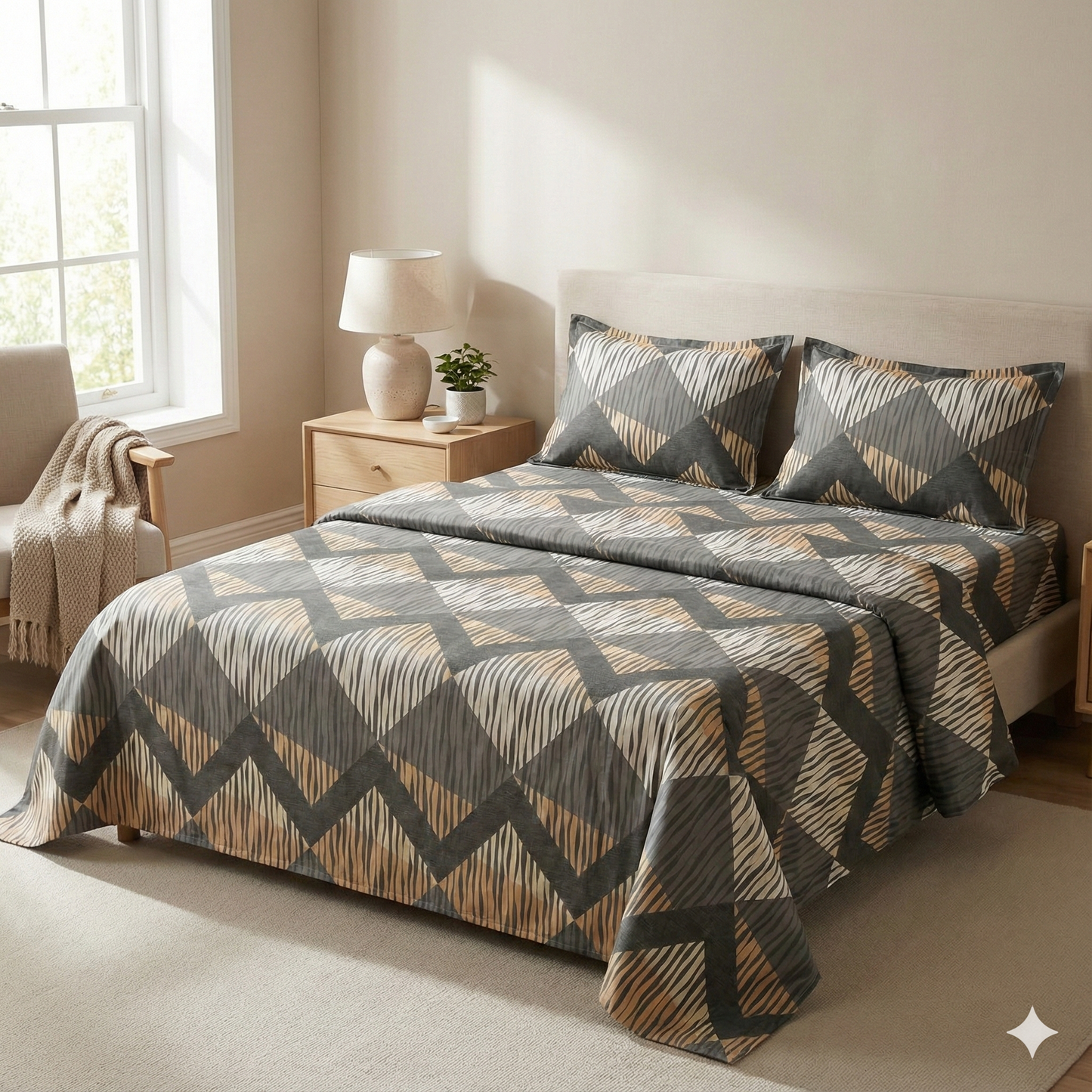 Misnaya Living Urban Slate Soft Glace Cotton Double Bedsheet 90×100 Inches with 2 Matching Pillow Covers
