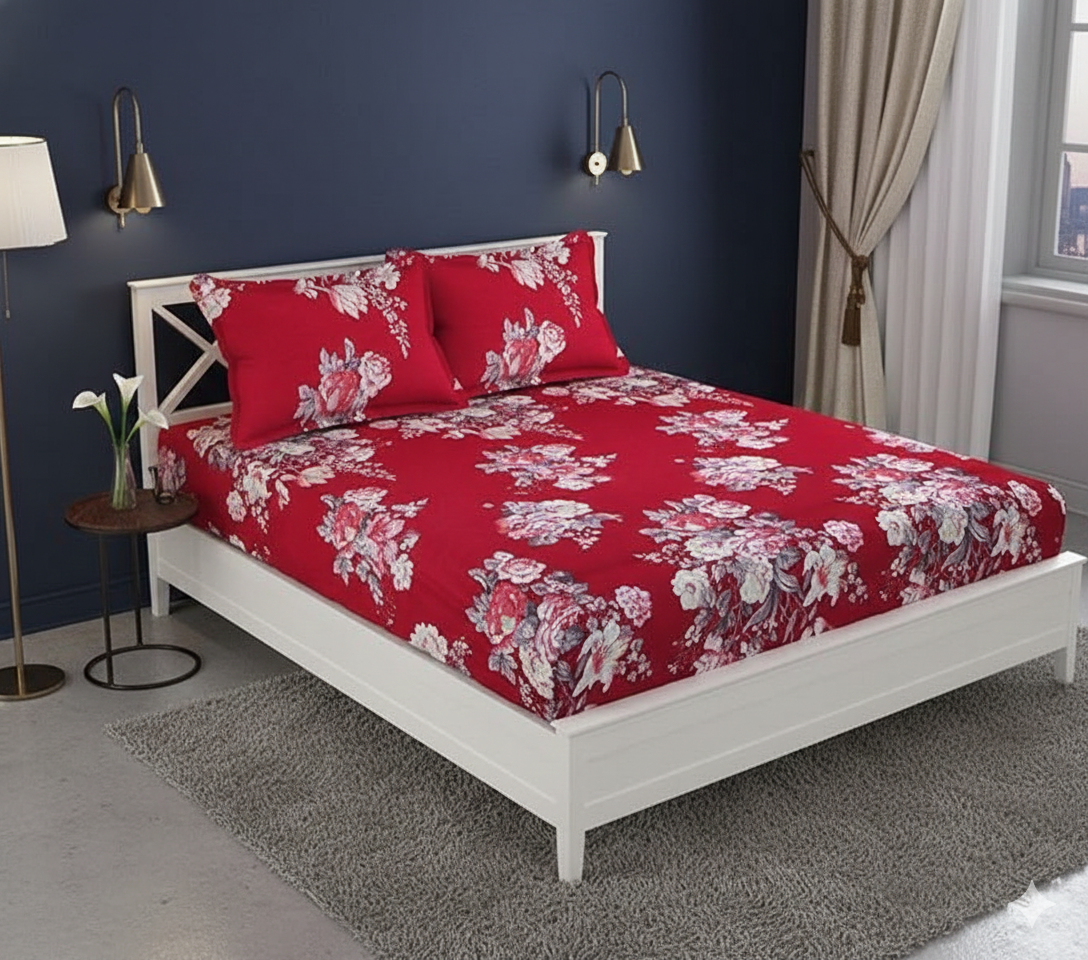 MISNAYA Super Soft Crimson Blossom 200 GSM Elastic Fitted Bedsheet for Double Bed (72×78 Inches) | Fits Up to 8-Inch Mattress