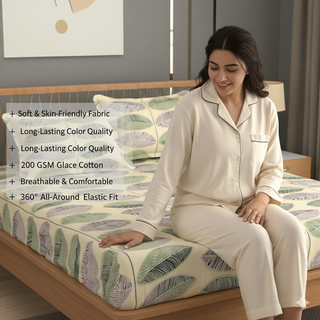 MISNAYA Super Soft Teal Leaf Harmony – Teal  200 GSM Elastic Fitted Bedsheet for Double Bed (72×78 Inches) | Fits Up to 8-Inch Mattress