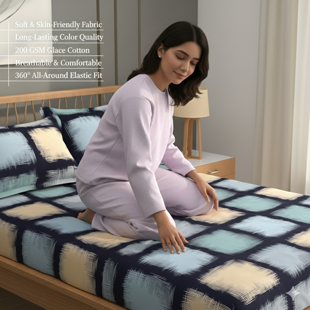 MISNAYA Super Soft | Indigo Brush Grid – Indigo Blue | 200 GSM Elastic Fitted Bedsheet for Double Bed (72×78 Inches) | Fits Up to 8-Inch Mattress