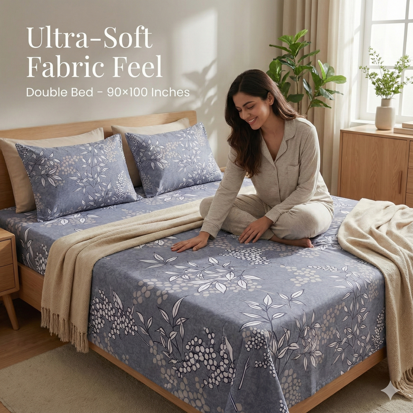 Misnaya Living Slate Bloom Soft Glace Cotton Double Bedsheet 90×100 Inches with 2 Matching Pillow Covers