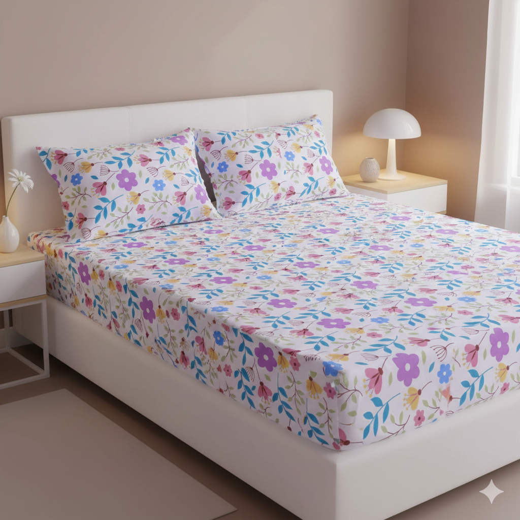 MISNAYA Super Soft Floral Breeze 200 GSM Elastic Fitted Bedsheet for Double Bed (72×78 Inches) | Fits Up to 8-Inch Mattress