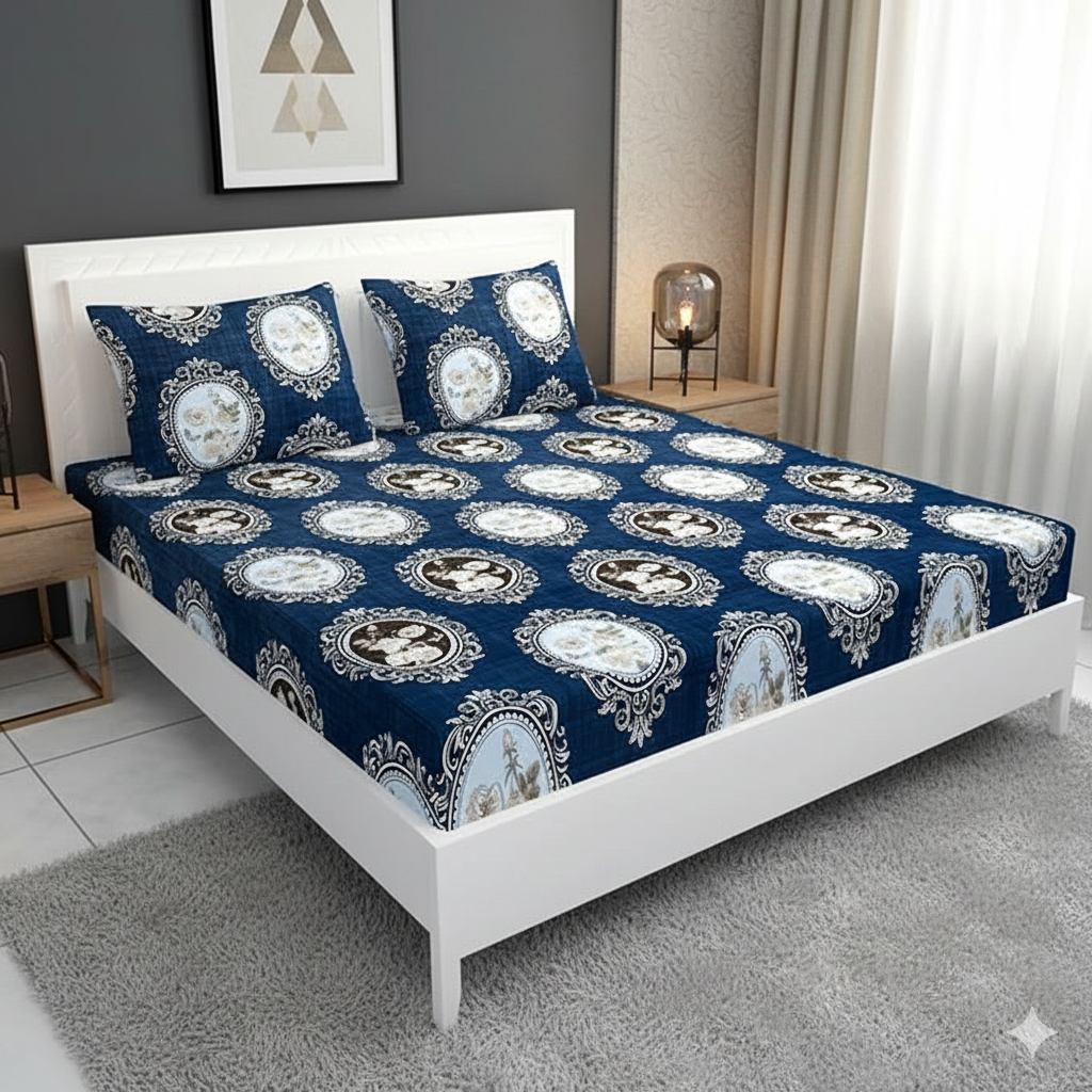MISNAYA Super Soft Royal Medallion Blue 200 GSM Elastic Fitted Bedsheet for Double Bed (72×78 Inches) | Fits Up to 8-Inch Mattress