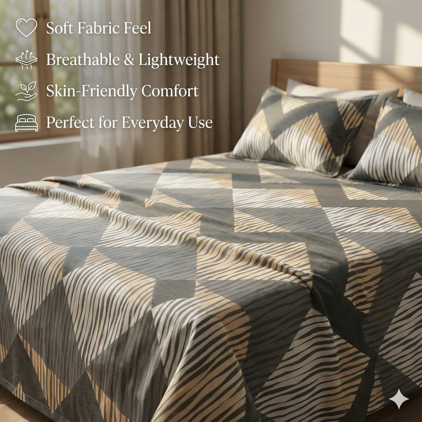 Misnaya Living Urban Slate Soft Glace Cotton Double Bedsheet 90×100 Inches with 2 Matching Pillow Covers
