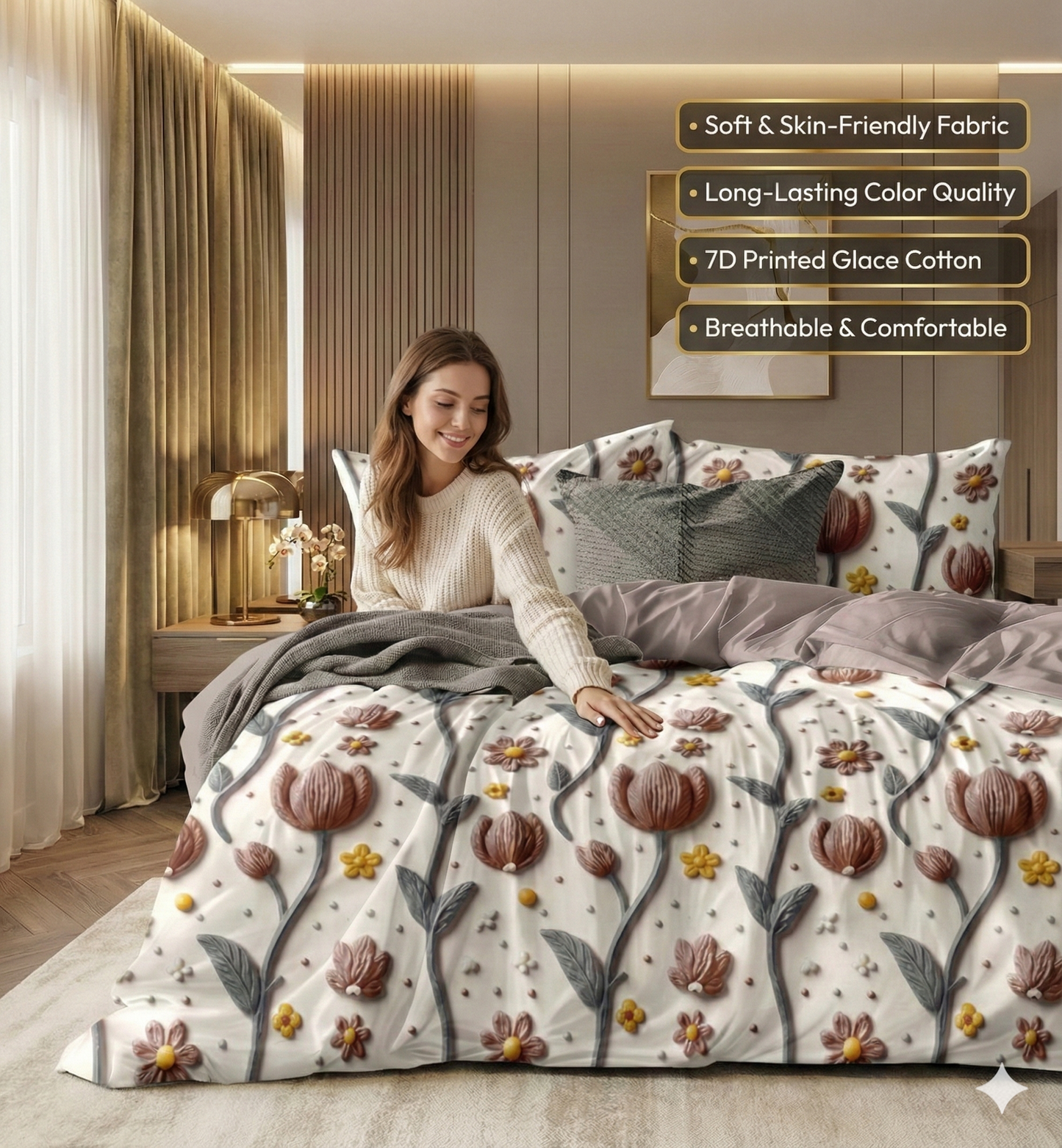 Misnaya Rustic Blossom Royale 7D Glace Cotton King Bedsheet 108×108 Inches with 2 Matching Pillow Covers