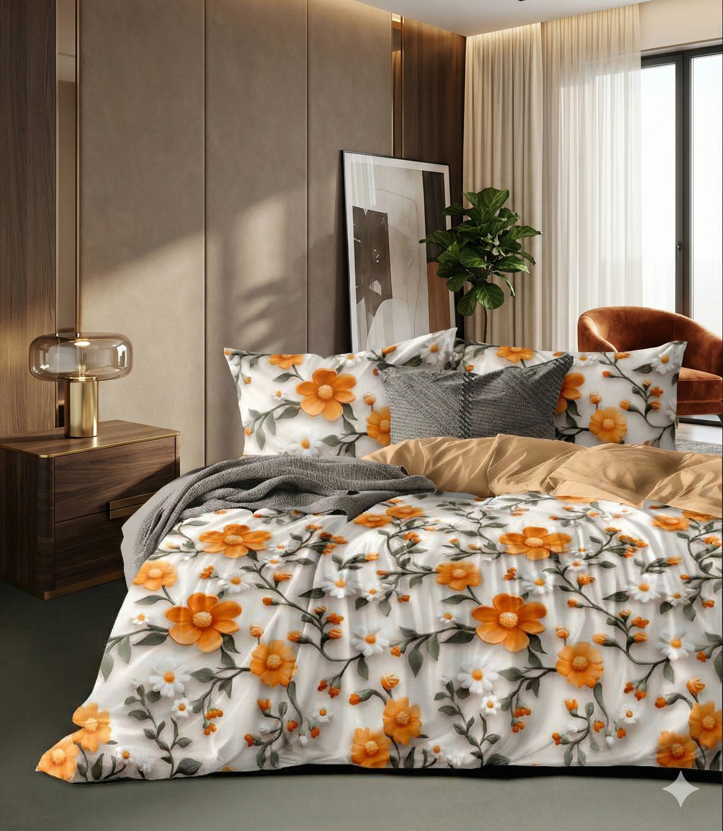 Misnaya Marigold Dreams 7D King Bedsheet 108×108 Inches with 2 Matching Pillow Covers
