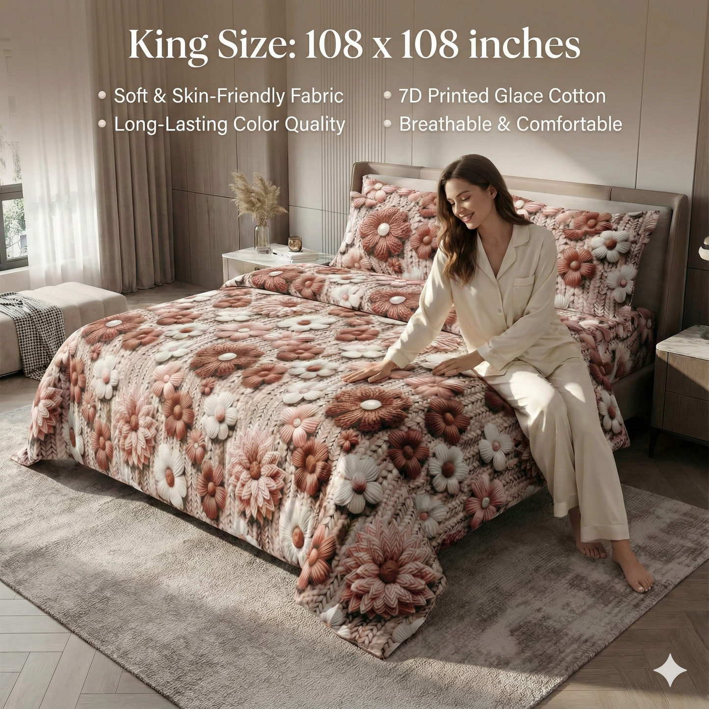 Misnaya Premium Rustic Bloom Elegance 7D Glace Cotton King Size Bedsheet( 108×108 Inches) with 2 Matching Pillow Covers