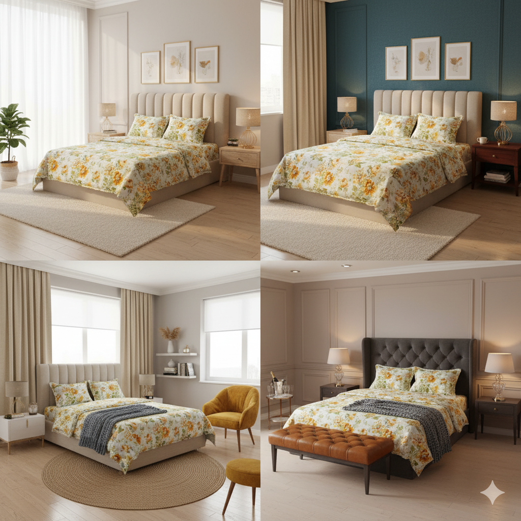 Misnaya Premium 200 TC Double Bed Fitted Bedsheet – Yellow Floral Print with 2 Pillow Covers