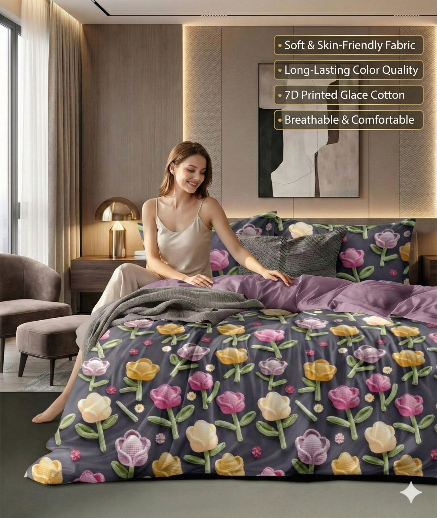 Misnaya Twilight Tulip Garden 7D Glace Cotton King Bedsheet 108×108 Inches with 2 Matching Pillow Covers