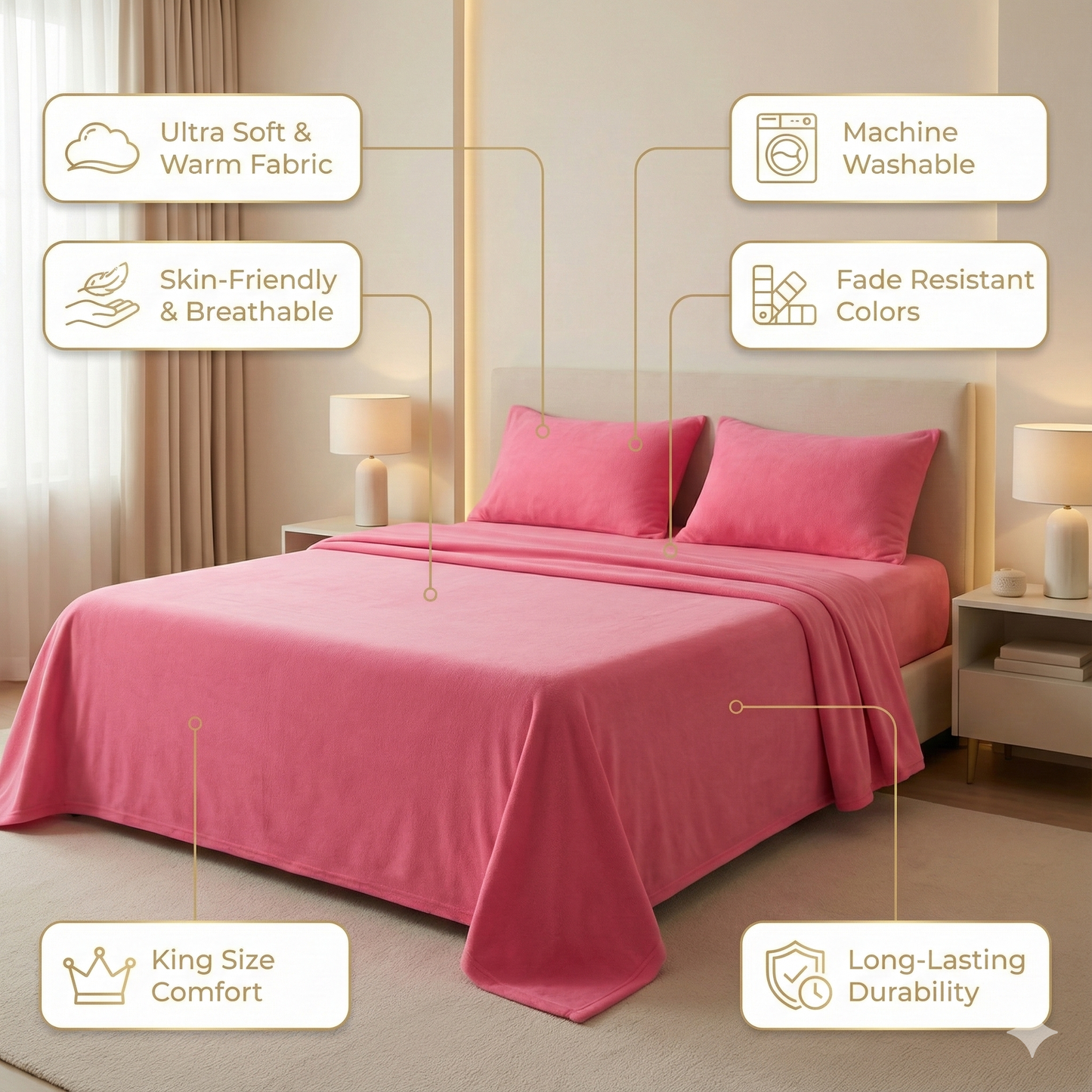 Misnaya Living Premium Warm Mink Flat Bedsheet Set | 3-Piece Set with 2 Pillow Covers | Super Soft & Cozy Winter Bedsheet | Color-Fast Solid Plain Design | King Size (90 x 100 Inches)