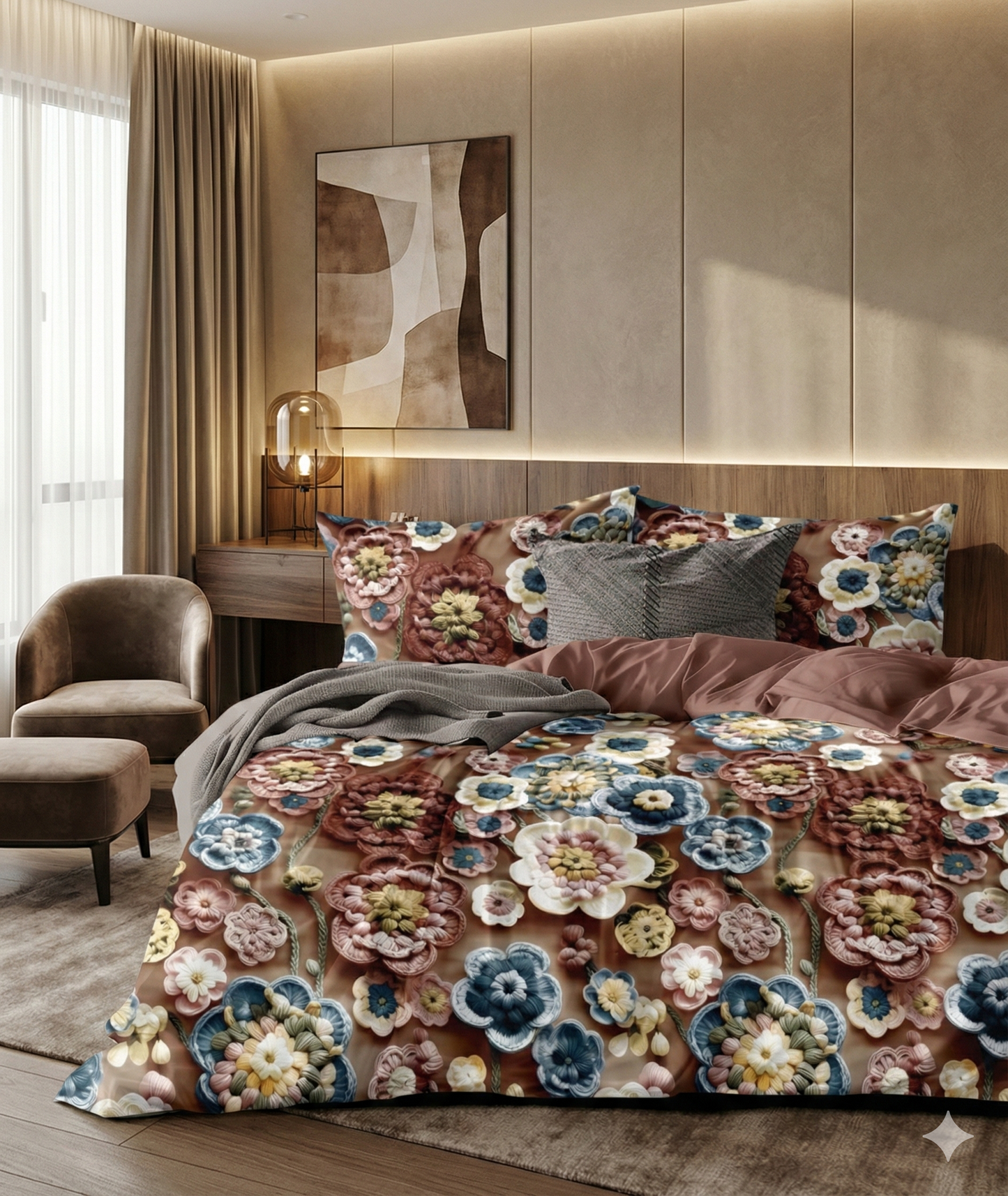 Misnaya Royal Crochet Blossom 7D Glace Cotton King Size Bedsheet (Mocha Brown – Multicolor Floral Art, 108×108 Inches) with 2 Matching Pillow Covers