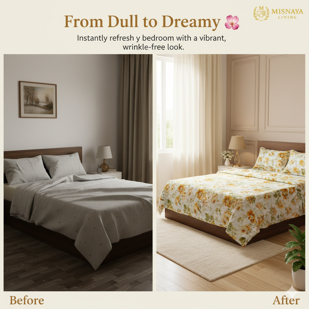 Misnaya Premium 200 TC Double Bed Fitted Bedsheet – Yellow Floral Print with 2 Pillow Covers