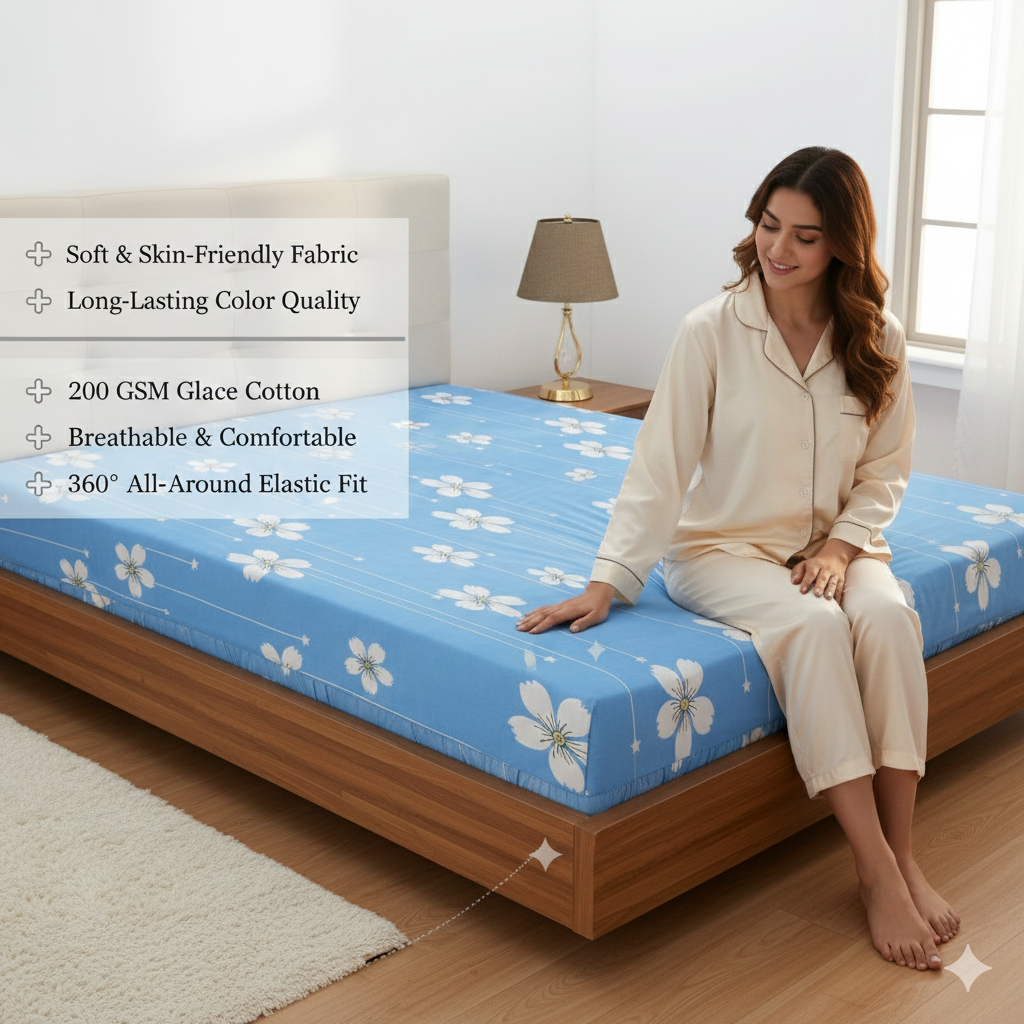 MISNAYA Super Soft | Sky Blossom – Sky Blue 200 GSM Elastic Fitted Bedsheet for Double Bed (72×78 Inches) | Fits Up to 8-Inch Mattress