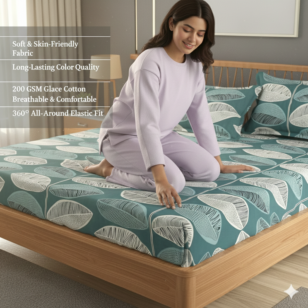 MISNAYA Super Soft Teal Leaf Harmony – Teal  200 GSM Elastic Fitted Bedsheet for Double Bed (72×78 Inches) | Fits Up to 8-Inch Mattress