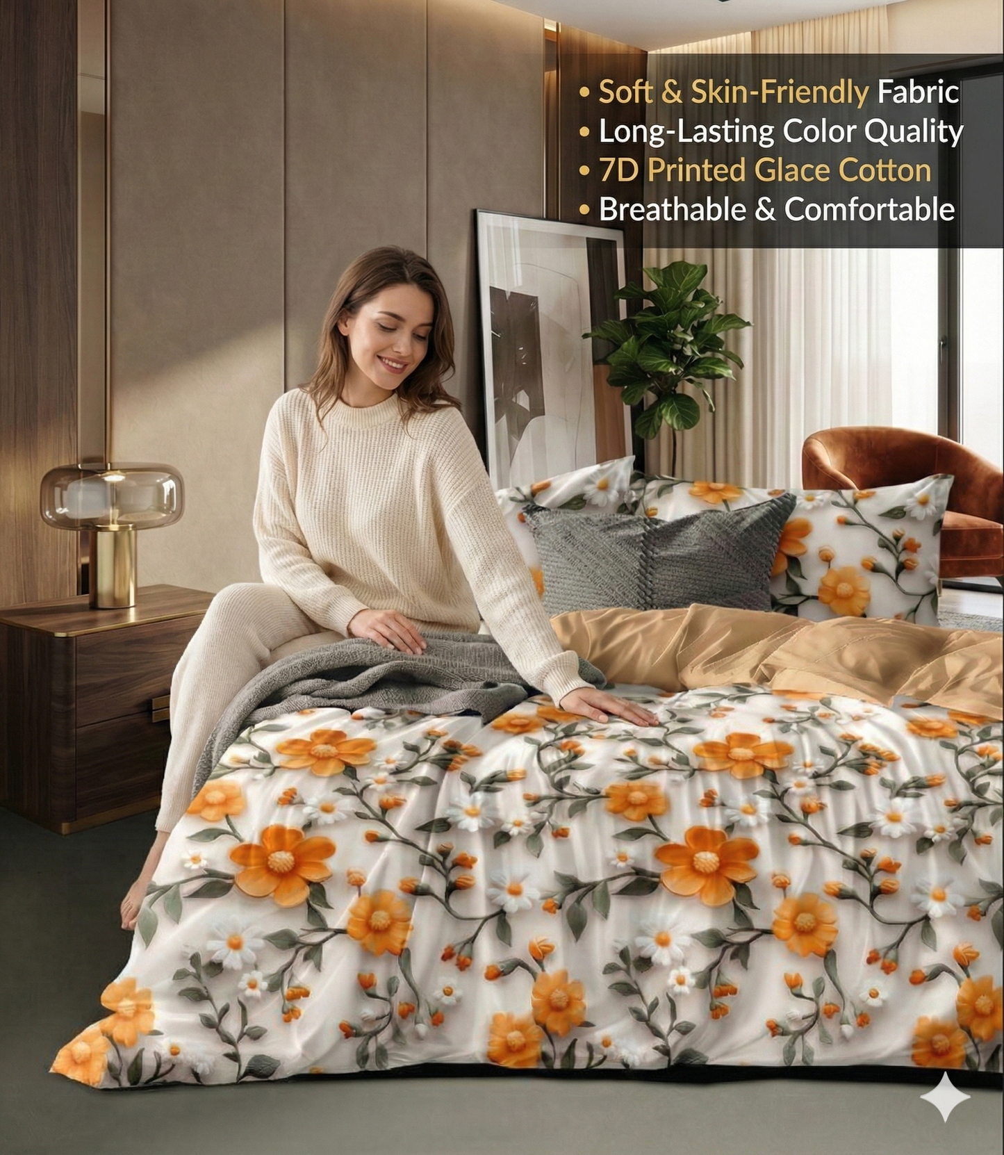 Misnaya Marigold Dreams 7D King Bedsheet 108×108 Inches with 2 Matching Pillow Covers