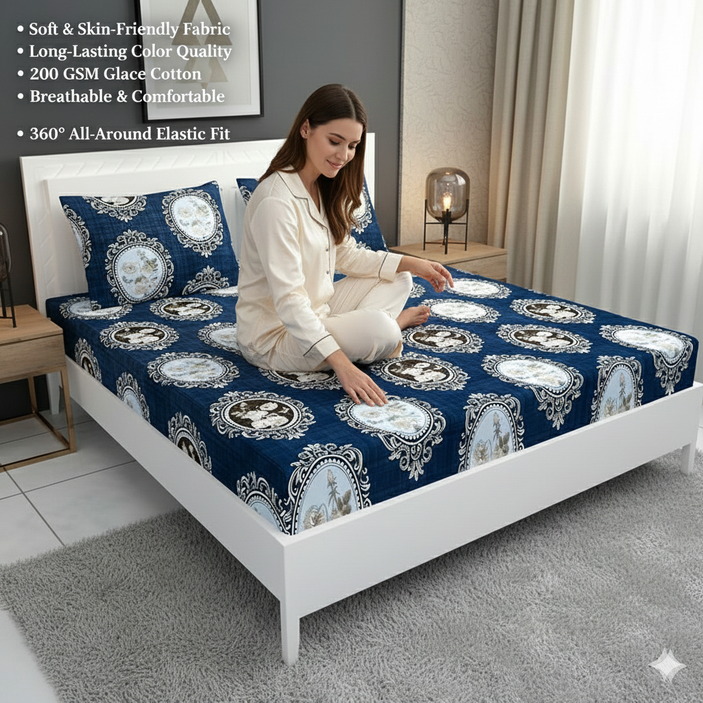 MISNAYA Super Soft Royal Medallion Blue 200 GSM Elastic Fitted Bedsheet for Double Bed (72×78 Inches) | Fits Up to 8-Inch Mattress