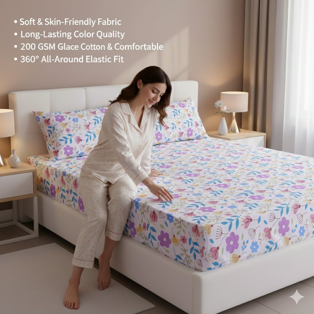 MISNAYA Super Soft Floral Breeze 200 GSM Elastic Fitted Bedsheet for Double Bed (72×78 Inches) | Fits Up to 8-Inch Mattress