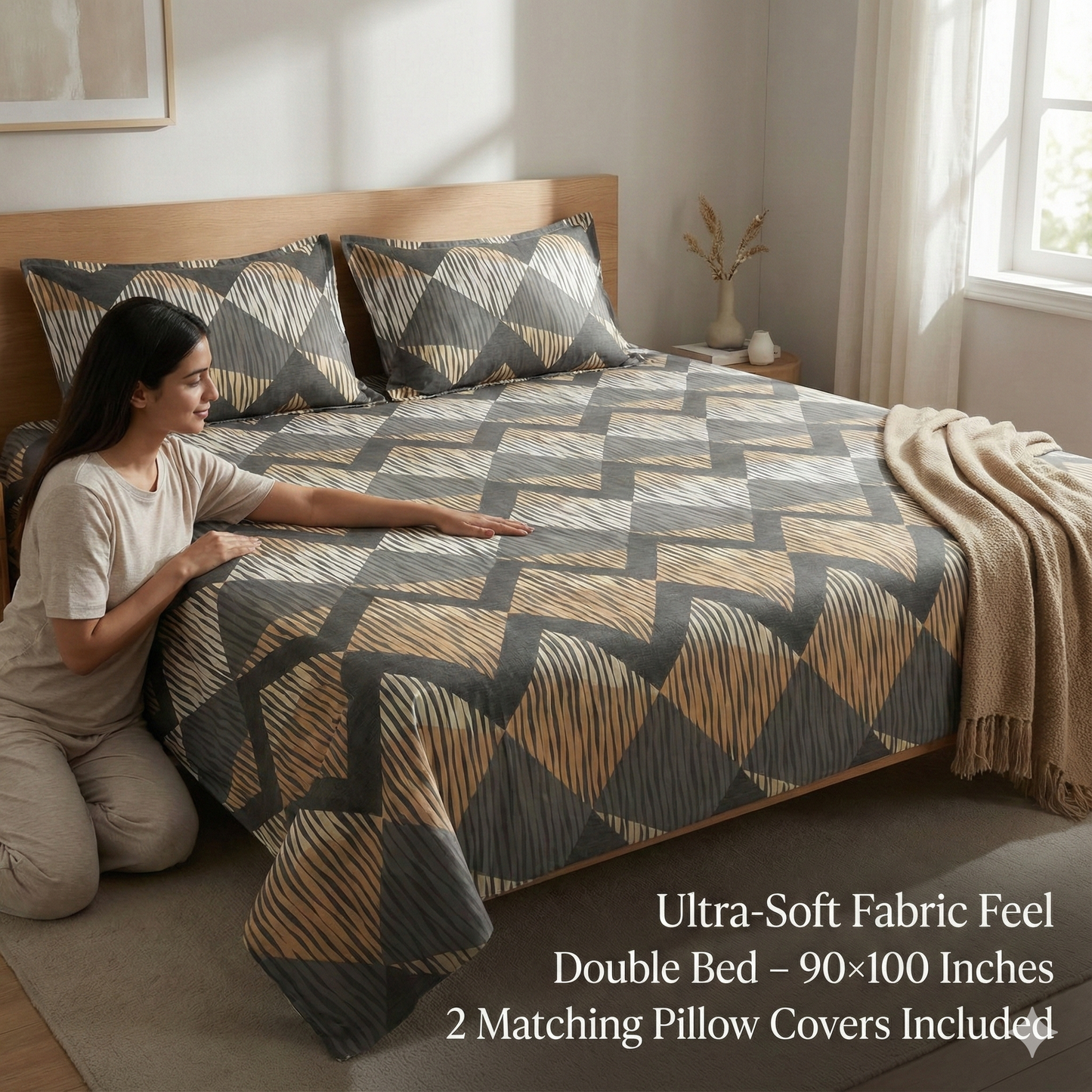 Misnaya Living Urban Slate Soft Glace Cotton Double Bedsheet 90×100 Inches with 2 Matching Pillow Covers