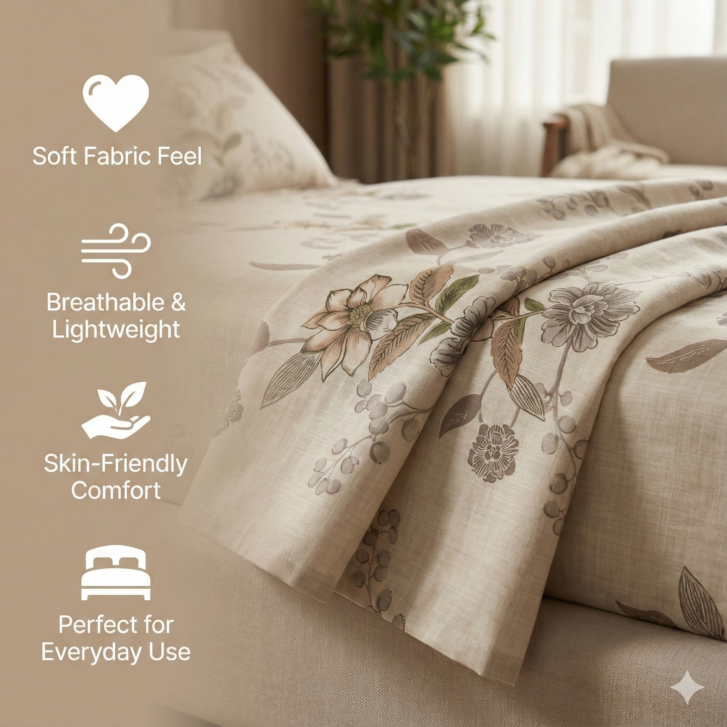 Misnaya Living Ivory Bloom Soft Glace Cotton Double Bedsheet 90×100 Inches with 2 Matching Pillow Covers