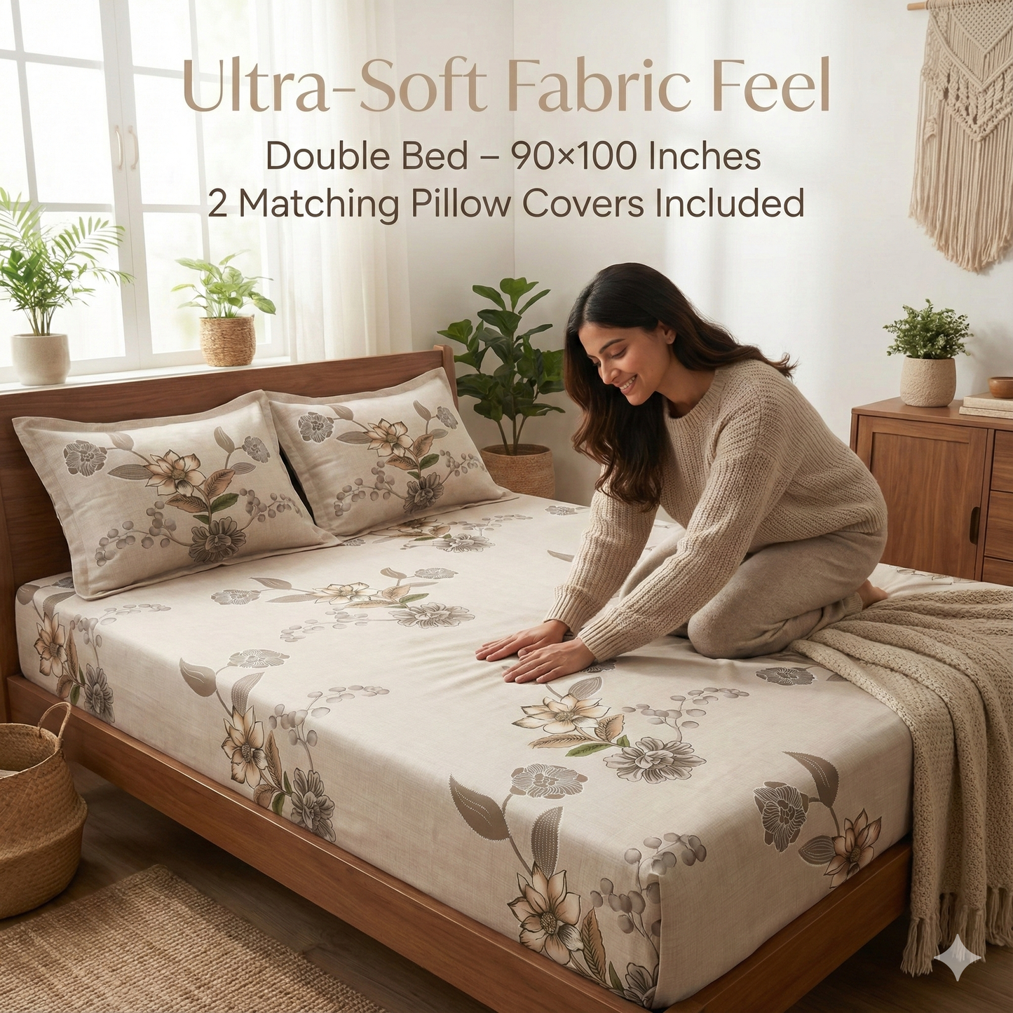 Misnaya Living Ivory Bloom Soft Glace Cotton Double Bedsheet 90×100 Inches with 2 Matching Pillow Covers