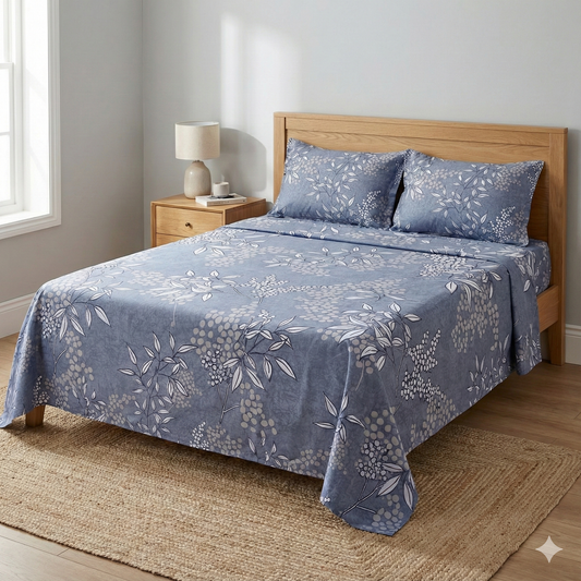 Misnaya Living Slate Bloom Soft Glace Cotton Double Bedsheet 90×100 Inches with 2 Matching Pillow Covers