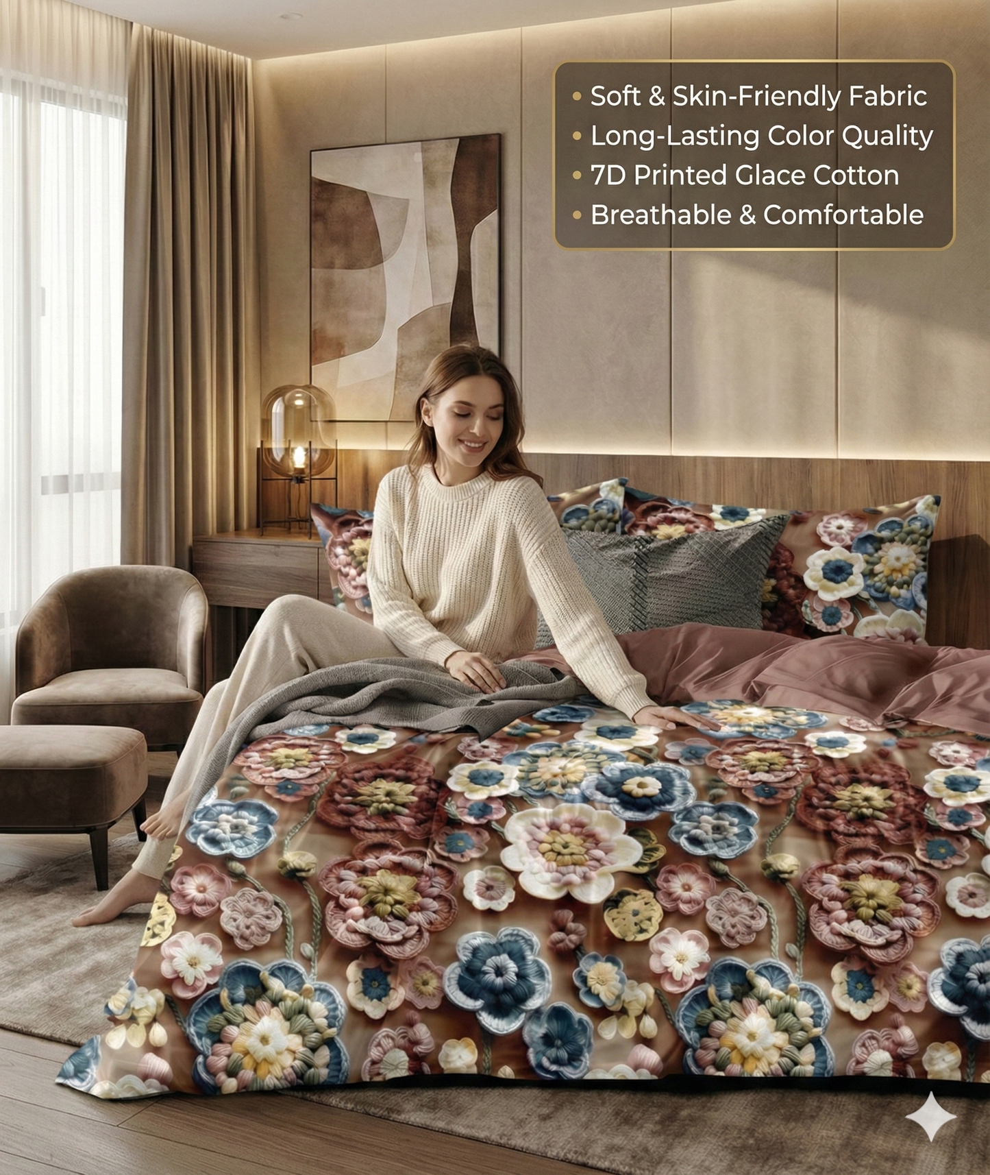 Misnaya Royal Crochet Blossom 7D Glace Cotton King Size Bedsheet (Mocha Brown – Multicolor Floral Art, 108×108 Inches) with 2 Matching Pillow Covers